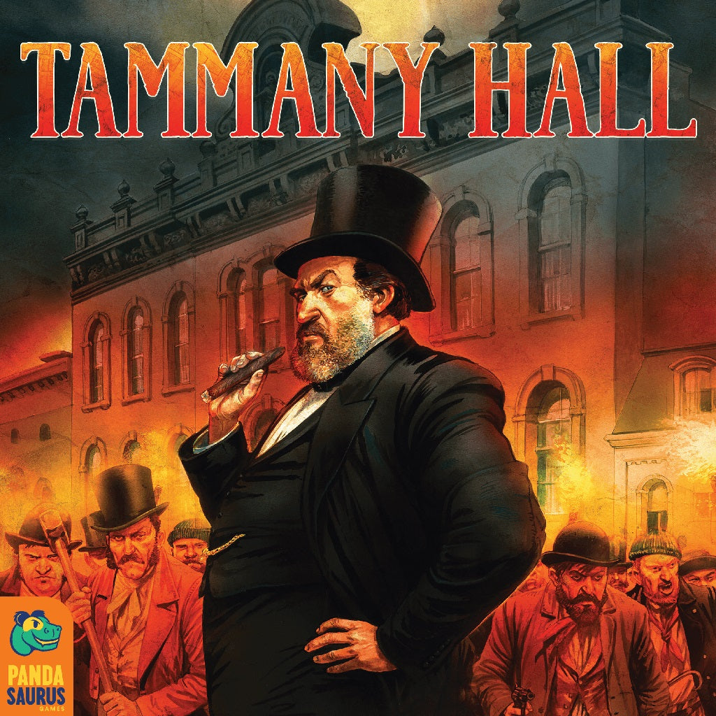 A stern man in a top hat and suit stands before a grand building, surrounded by others in hats. The title Tammany Hall crowns this dramatic scene, with the IDW Games logo at the bottom left.