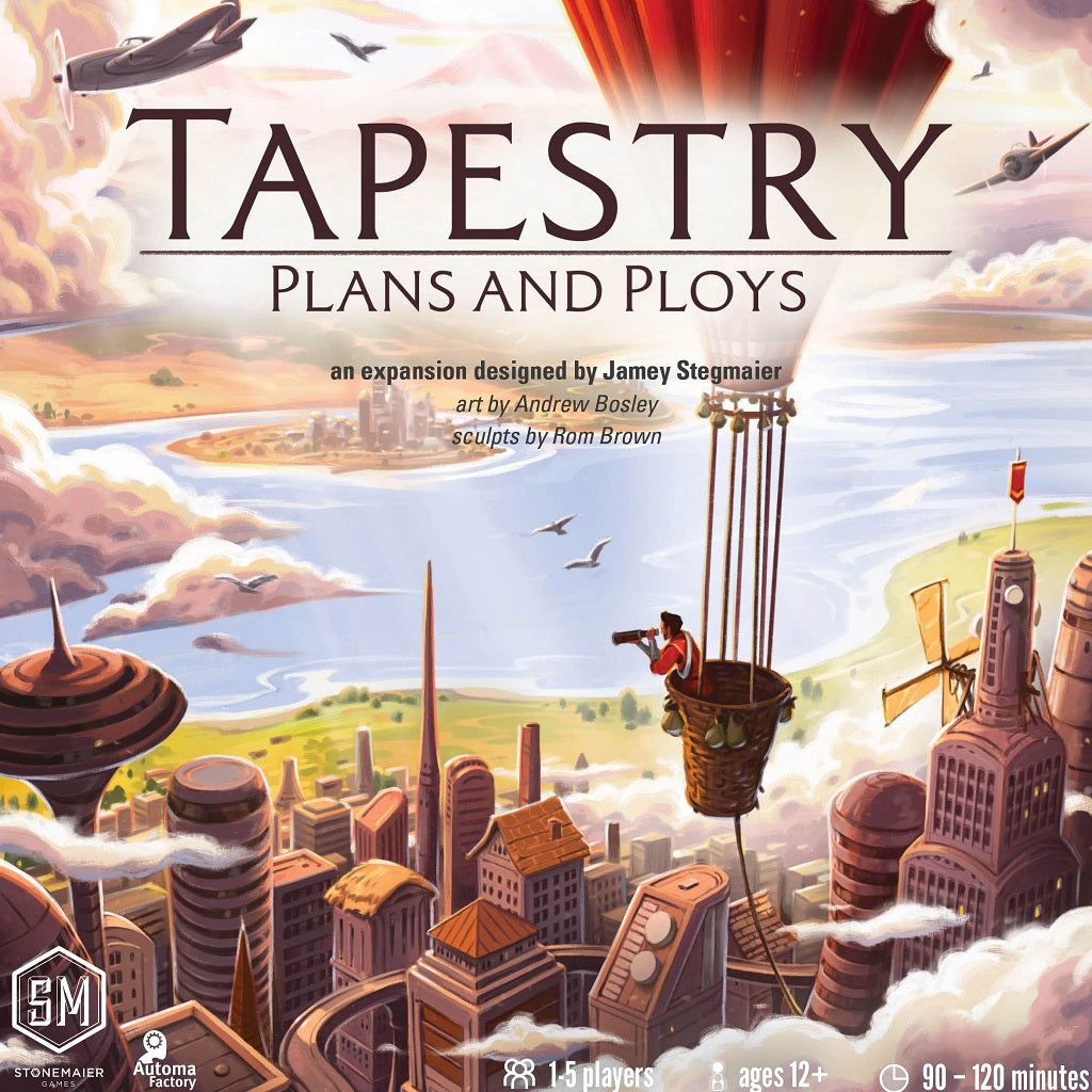 A hot air balloon floats above a futuristic city as rays of sunlight shine through the clouds. Colorful buildings and miniatures highlight “Tapestry: Plans and Ploys,” an exciting expansion by Stonemaier Games.