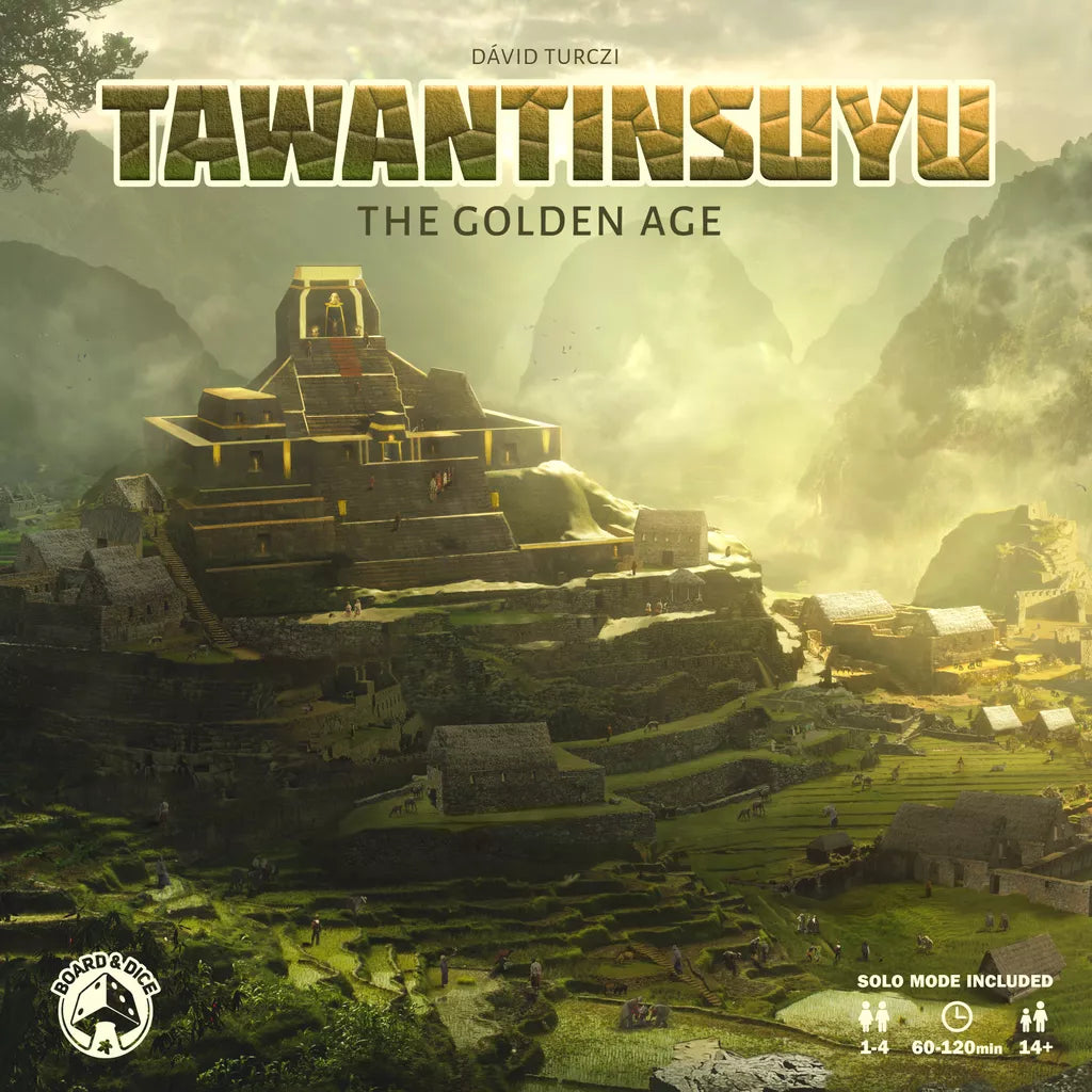 The box cover for Board & Dice’s Tawantinsuyu: The Golden Age Expansion shows a stepped Inca stone temple amidst lush, misty mountains. The game suits 1–4 players, ages 14+.