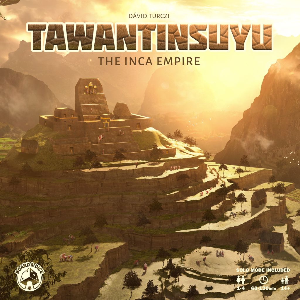 The cover of Tawantinsuyu: The Inca Empire by Board & Dice shows a golden Incan city on terraced mountains at sunset with workers, llamas, and distant peaks—capturing the epic feel of this worker placement game. Title and details are bold and clear.