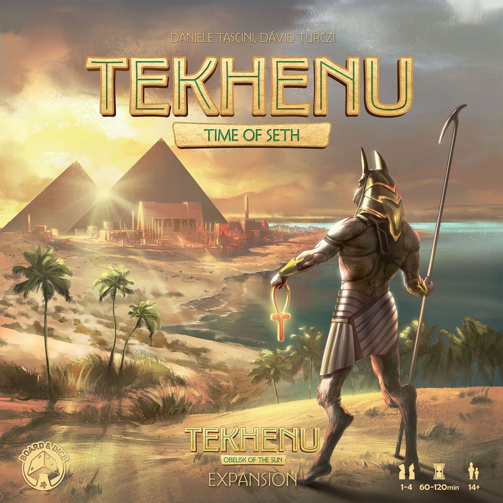 Anubis, jackal-headed god, stands on a sunlit shore with ankh and staff, overlooking pyramids—capturing the spirit of strategic conquest found in Tekhenu: Time of Seth Expansion by Board & Dice.