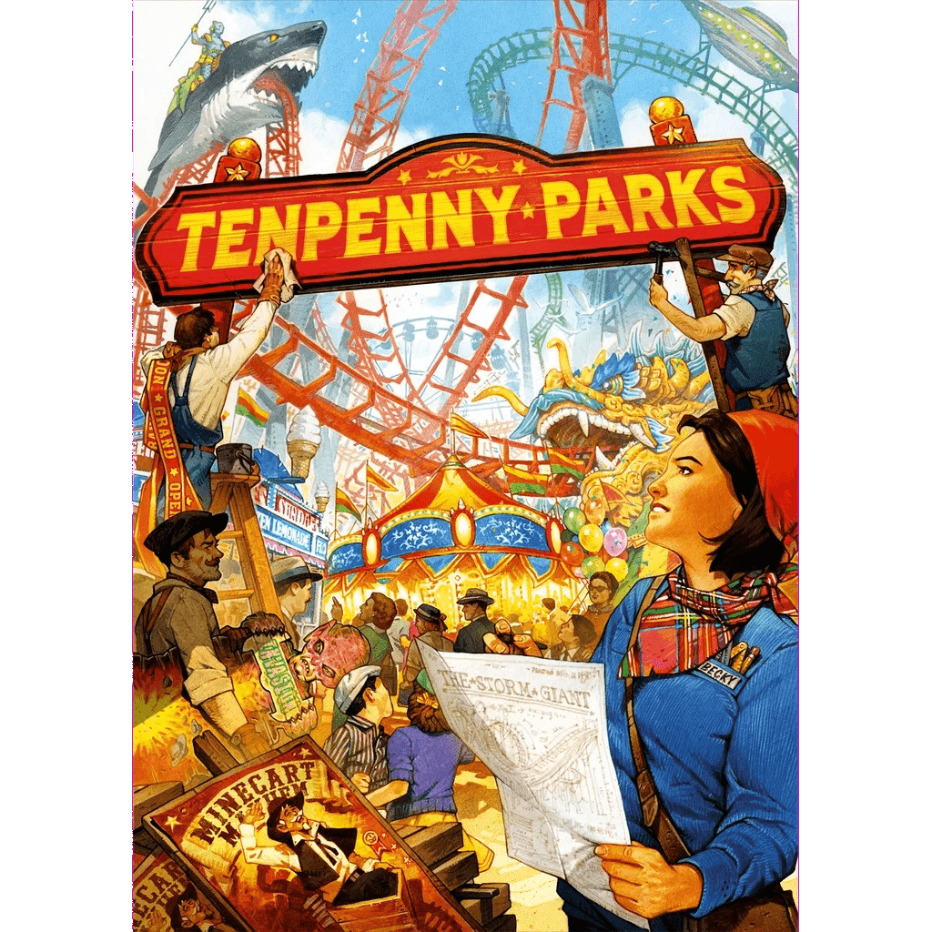 Colorful illustration depicts a lively amusement park with people and rides, a large Tenpenny Parks sign overhead, capturing the excitement and thrill of this family strategy board game by Thunderworks.