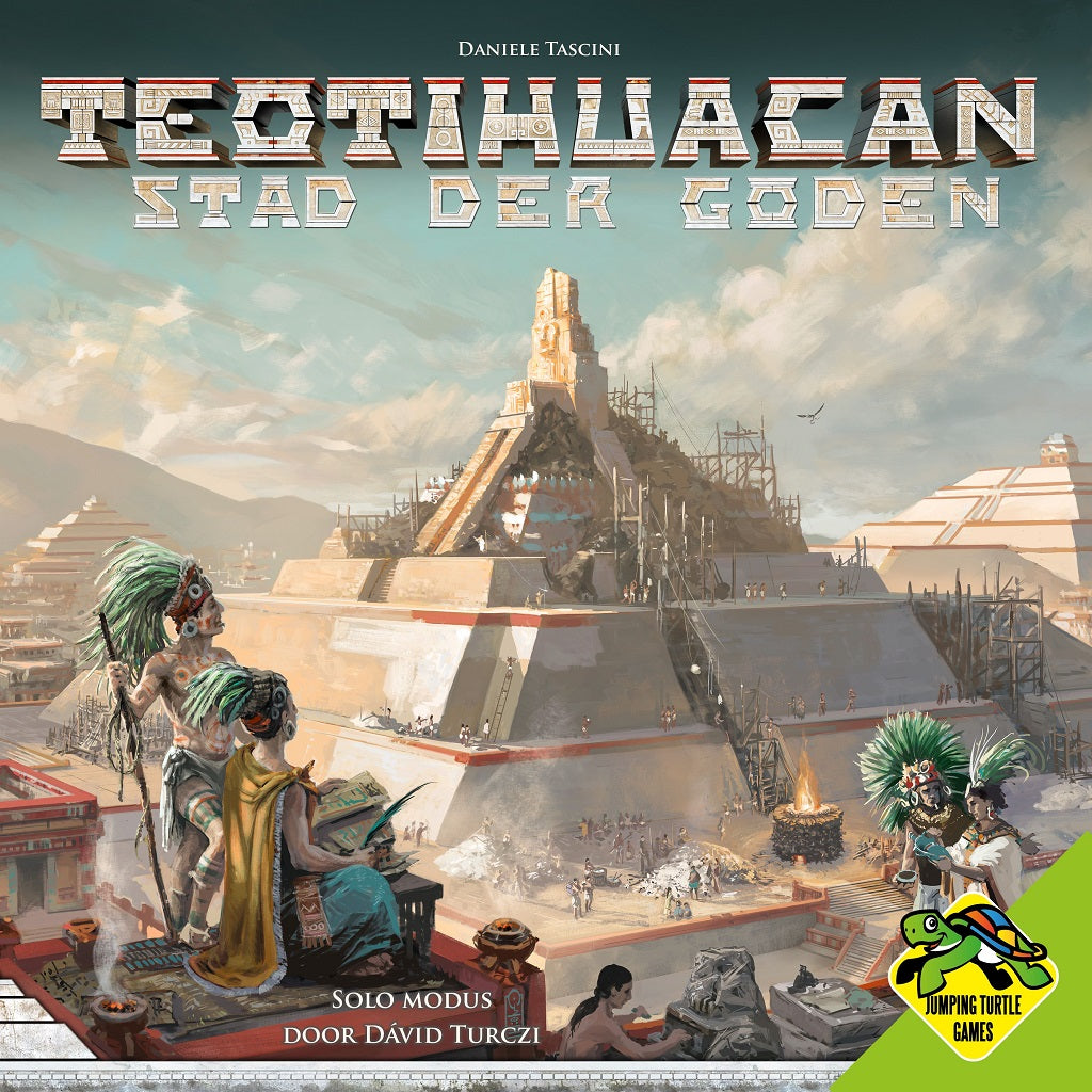 De cover van Teotihuacan: Stad der Goden van Jumping Turtle Games toont een precolumbiaanse beschaving met grote piramides, waaronder de Piramide van de Zon, mensen in traditionele kleding en het gele Jumping Turtle Games-logo rechtsonder.