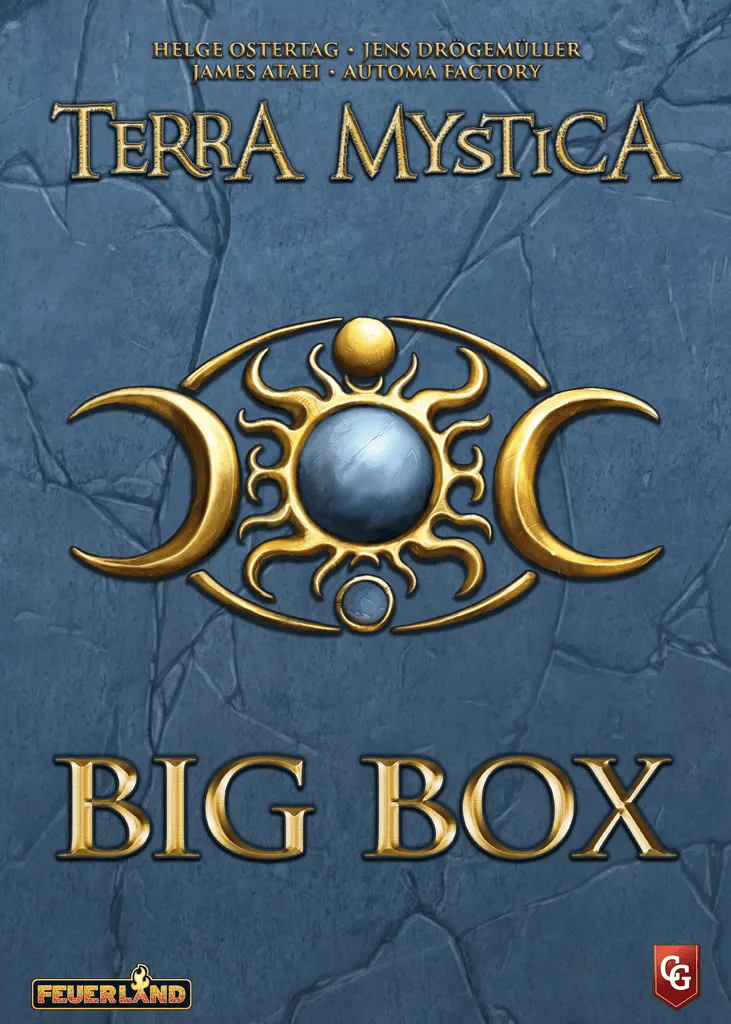 The Terra Mystica: Big Box cover by Capstone Games displays a blue stone background, a gold crescent with sun symbol, and the title in bold gold letters, with designer names and logos at the top and bottom.