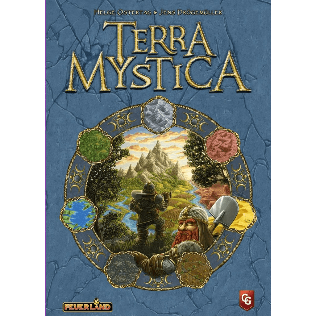 The cover of Terra Mystica (English) by Capstone Games features a fantasy landscape with a dwarf holding an axe, various colored terrains in a circle, and resource elements like mountains, a river, and castle. The title appears at the top.