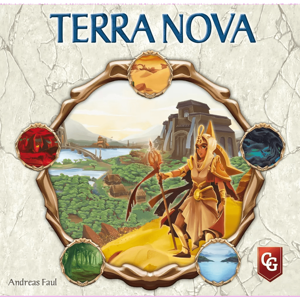 The cover of Terra Nova by Capstone Games features a fantasy landscape with a female adventurer in armor and helmet holding a staff, framed by five colored medallions that depict different terrains for this strategic board game.