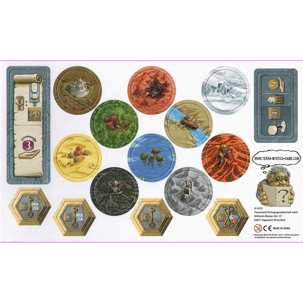 The Terra Mystica: Erweiterungsbogen by Feuerland Spiele includes circular terrain tokens, hexagonal tiles, a rectangular tracker, and a card—all featuring landscapes like forests, mountains, and volcanoes with classic Terra Mystica branding.