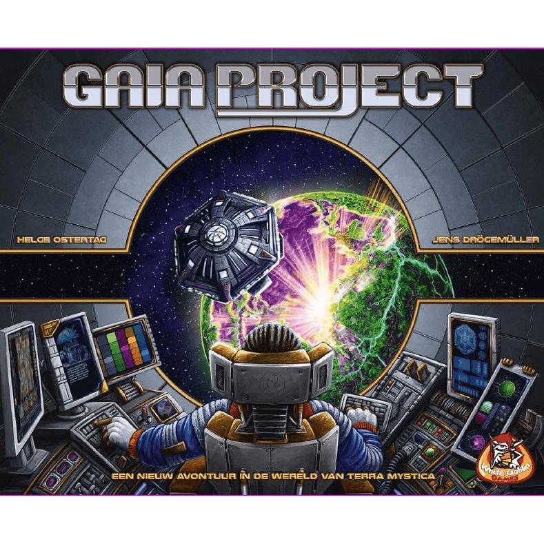 A person in a spacesuit sits at a control panel, gazing at a space station orbiting a fractured planet—a striking scene from Terra Mystica: Gaia Project NL by White Goblin Games, with the title GAIA PROJECT shining above in metallic letters.