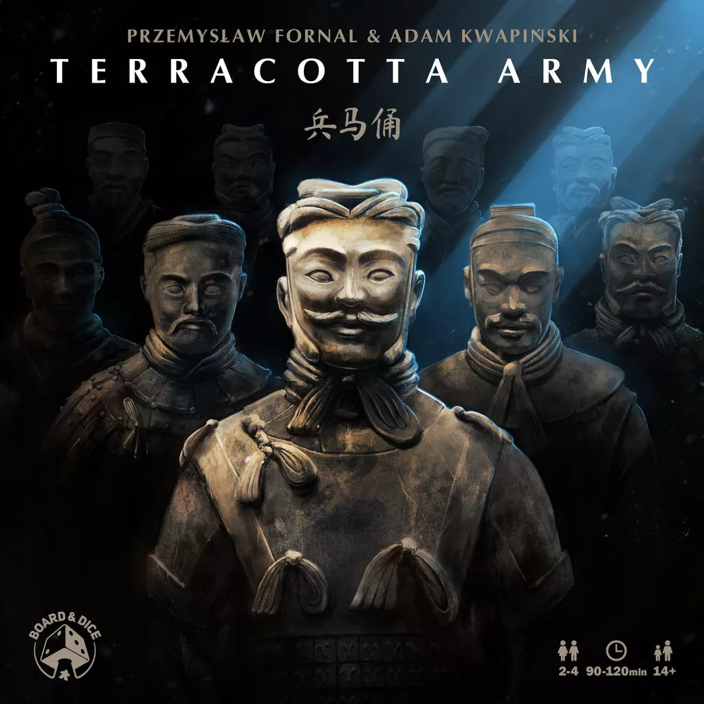 The cover of Board & Dice's strategy game Terracotta Army displays detailed warrior miniatures, one brightly lit in front with others in shadow behind. The game's title and designer names are prominently shown at the top and bottom.