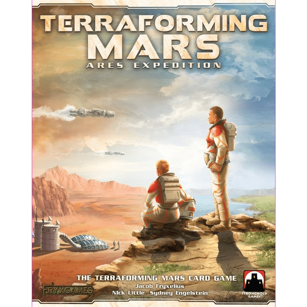 Two astronauts in futuristic suits observe a lush Martian landscape with water, colonies, and spacecraft under a blue sky. Text: Terraforming Mars: Ares Expedition Collector’s Edition by Fryx Games.