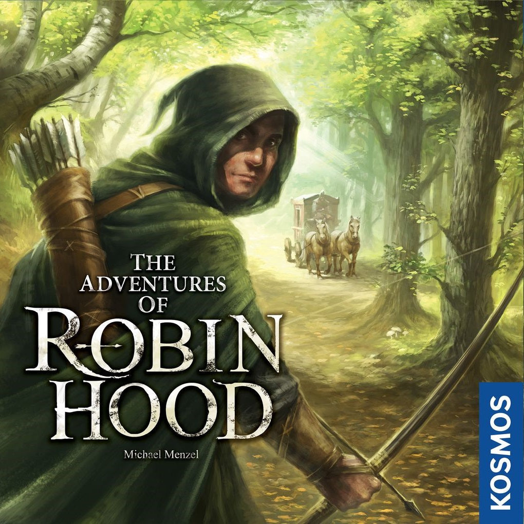 A hooded man with a bow stands in a sunlit forest, watching a horse-drawn carriage. “The Adventures of Robin Hood” from Kosmos hints at unique board game mechanics. The Kosmos logo appears in the bottom right corner.