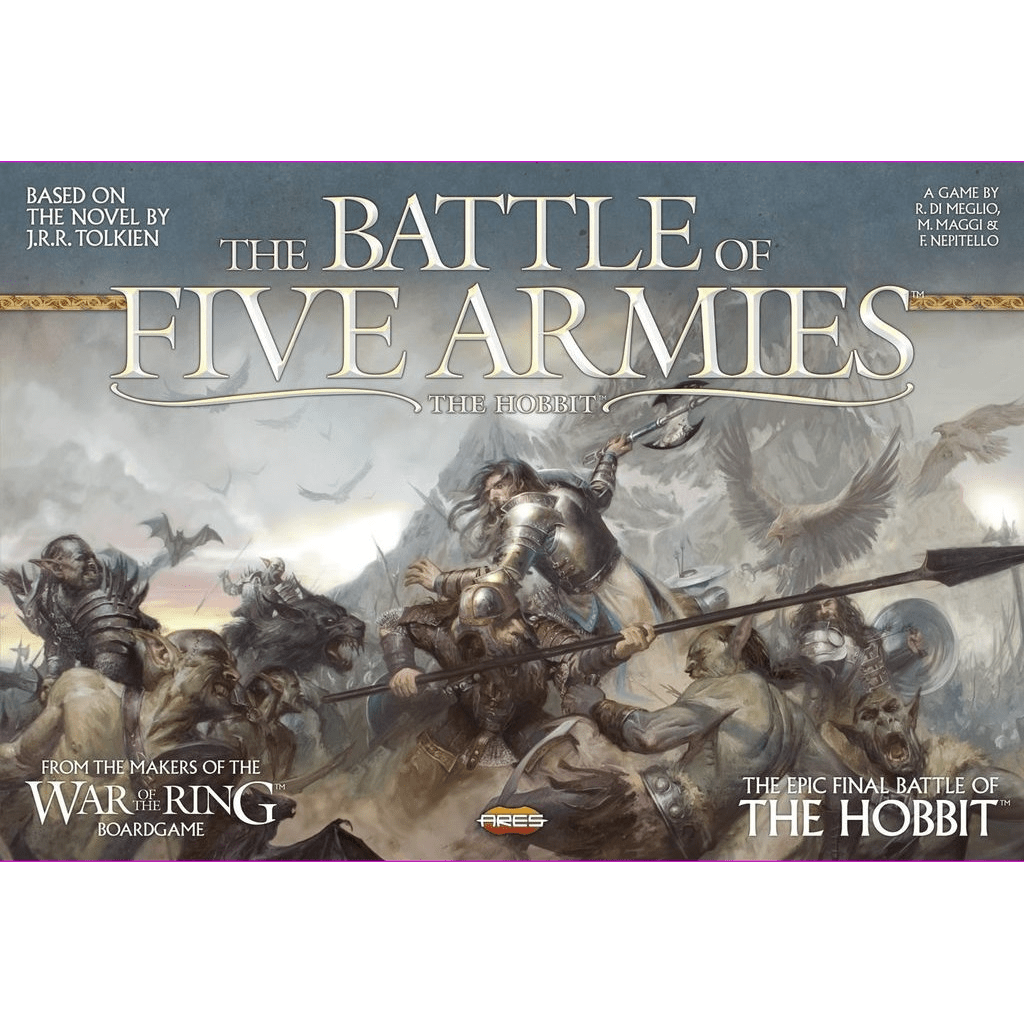 The Battle of Five Armies box cover by Ares Games features armored warriors and creatures in a smoky, chaotic battlefield, with the game’s title and credits to Tolkien and War of the Ring designers prominently displayed.