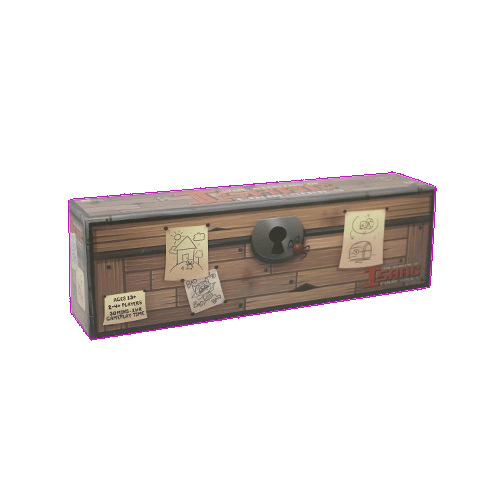 A rectangular box designed like a wooden treasure chest, featuring a large lock and cartoon drawings—ideal for storing your Maestro Media The Binding of Isaac: Four Souls tabletop card game.