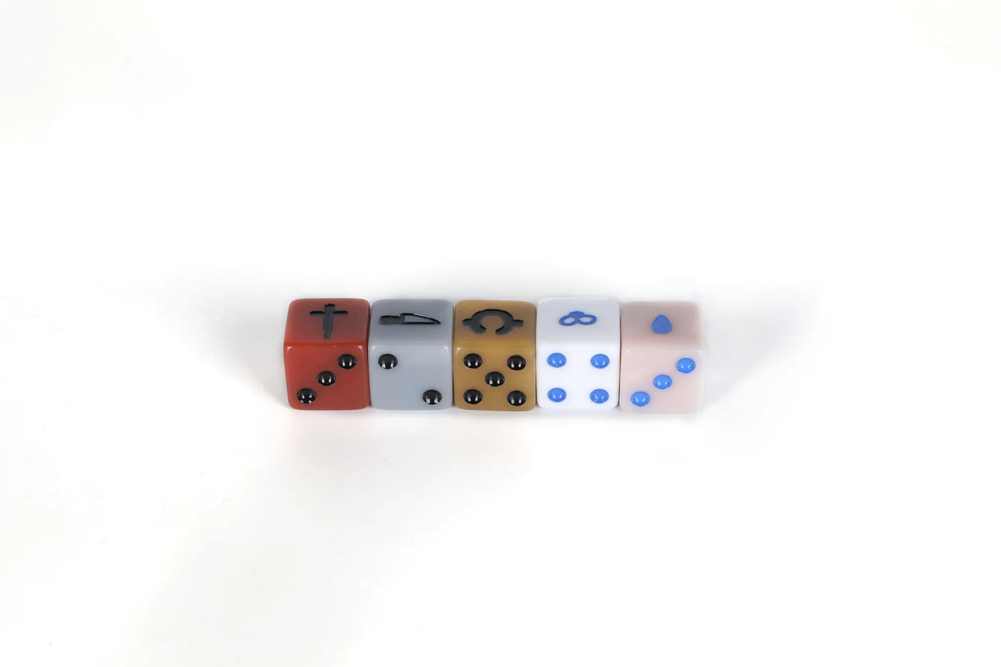 The Binding of Isaac: Four Souls Holy Rollers Dice Set by Maestro Media features five colorful dice arranged in a row on a white background, each displaying distinct symbols and numbers on their visible faces.