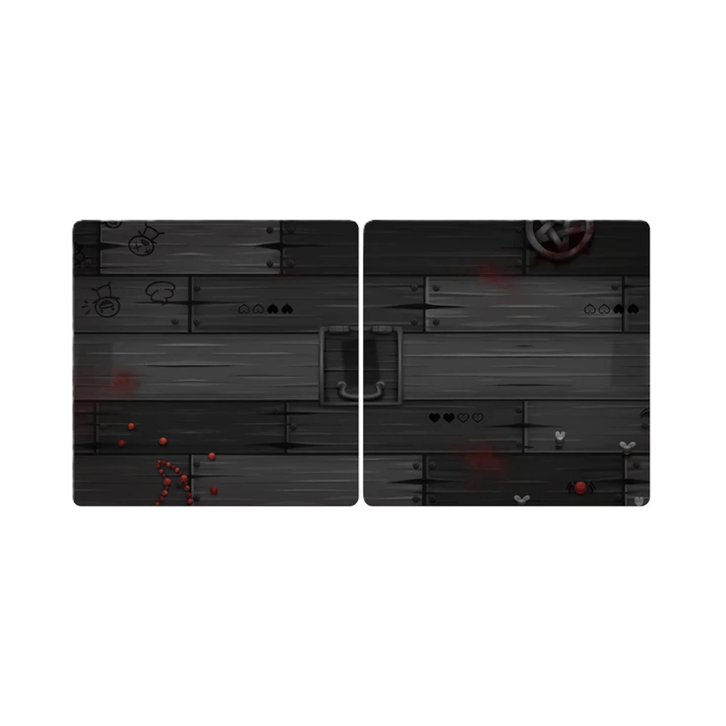 The Binding of Isaac: Four Souls Requiem 4-Player Mat by Maestro Media features two dark wooden sections with faded Isaac-themed hearts, red splatters, and symbols. Centered square outlines make it perfect for your next gaming session.