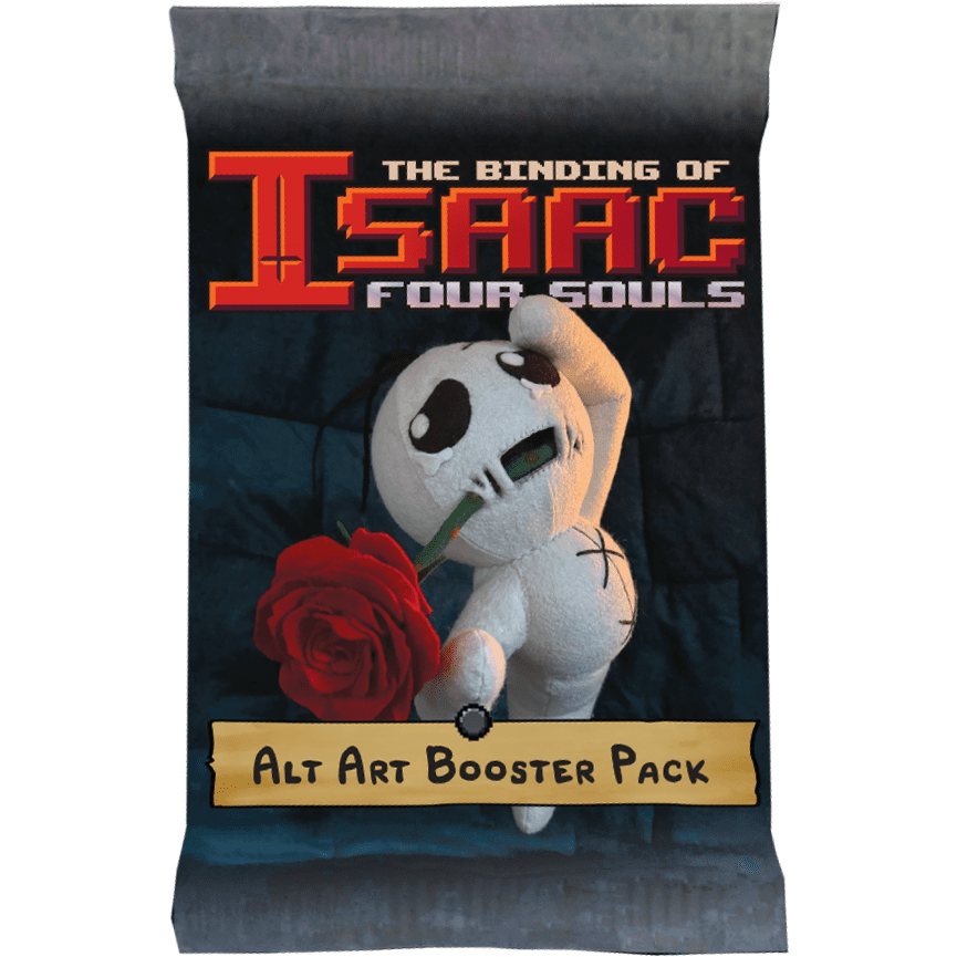 The Binding of Isaac: Four Souls – Alt Art Booster Pack by Maestro Media features a stitched Isaac plush with a red rose in its mouth, set against a dark background.