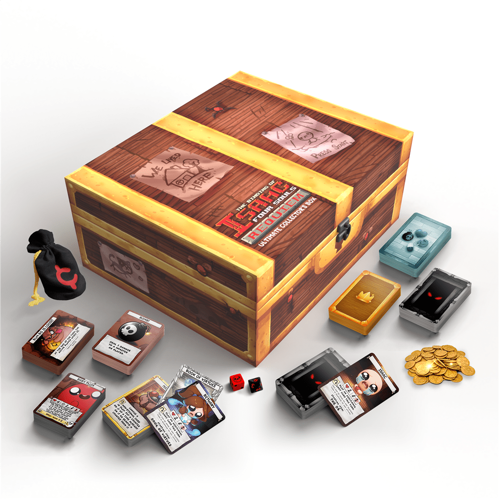 The Binding of Isaac: Four Souls – Ultimate Collector's Edition by Maestro Media is shown with a treasure chest box, illustrated cards, small boxes, dice, gold tokens, and a black drawstring pouch arranged on a white surface.