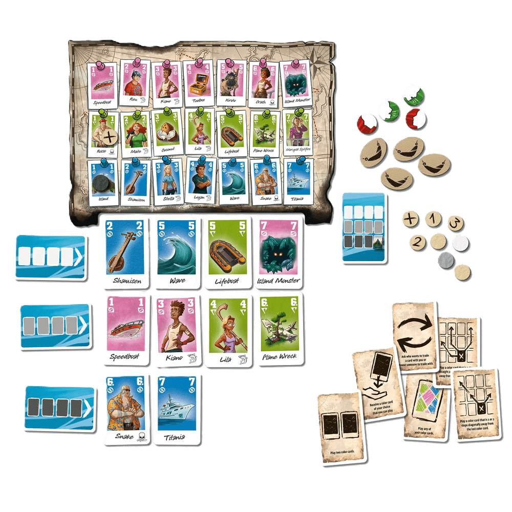 The Crew: Family Adventure by Kosmos has illustrated character and item cards, tokens, blue action cards, coins, and player aids—displayed on a white background for a cooperative family board game experience.