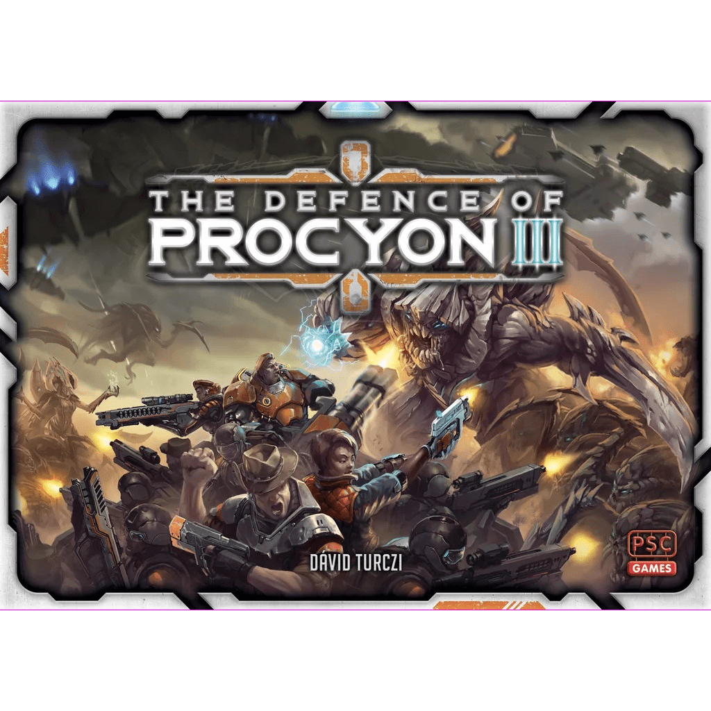 Box art for The Defence of Procyon III by PSC Games features armed soldiers and robots clashing with alien creatures on a chaotic, futuristic battleground. The title and designer’s name are displayed prominently at the top.