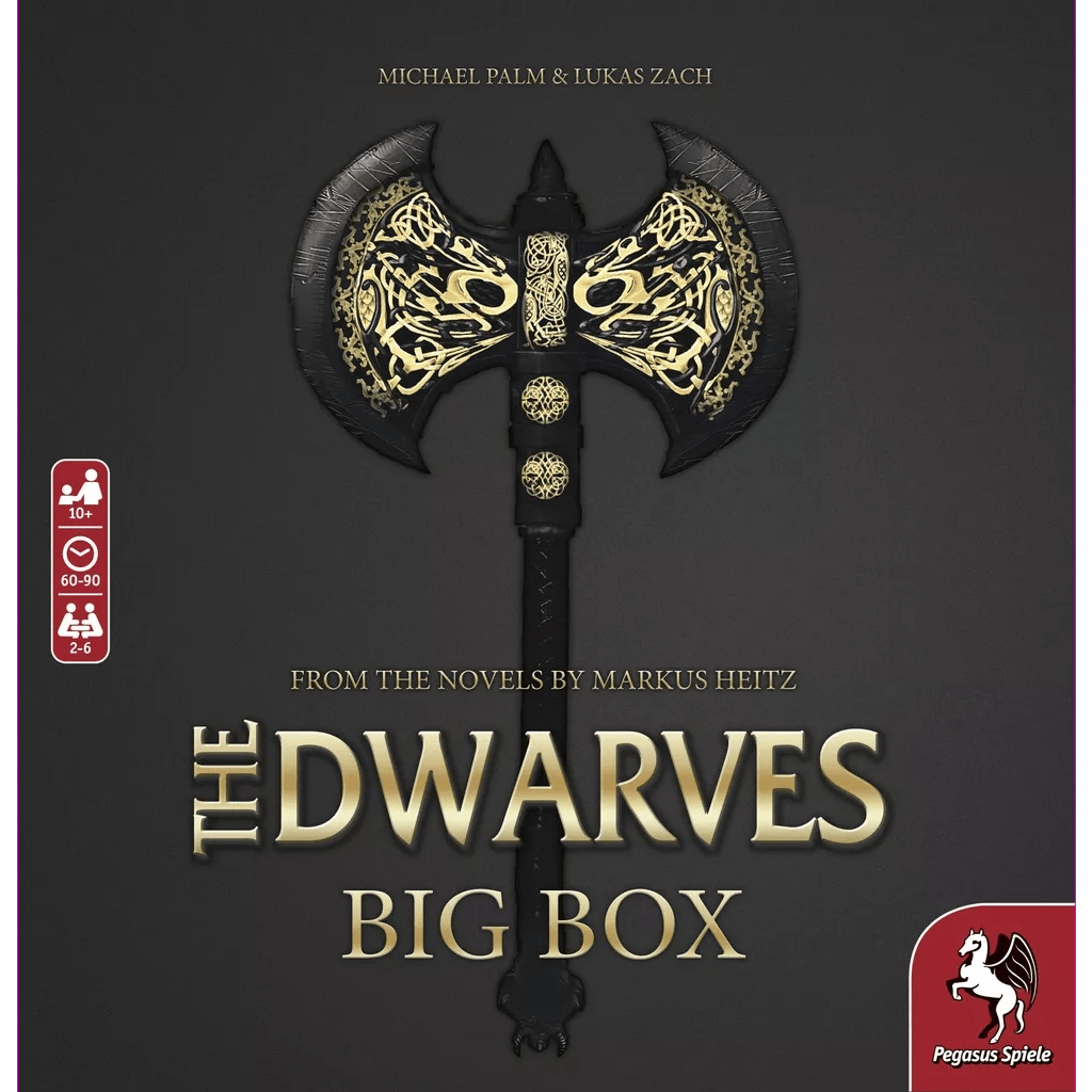 The Dwarves Big Box board game by Pegasus Spiele features a decorative double-headed axe on a black background, gold text, and the Pegasus Spiele logo in the bottom right corner.