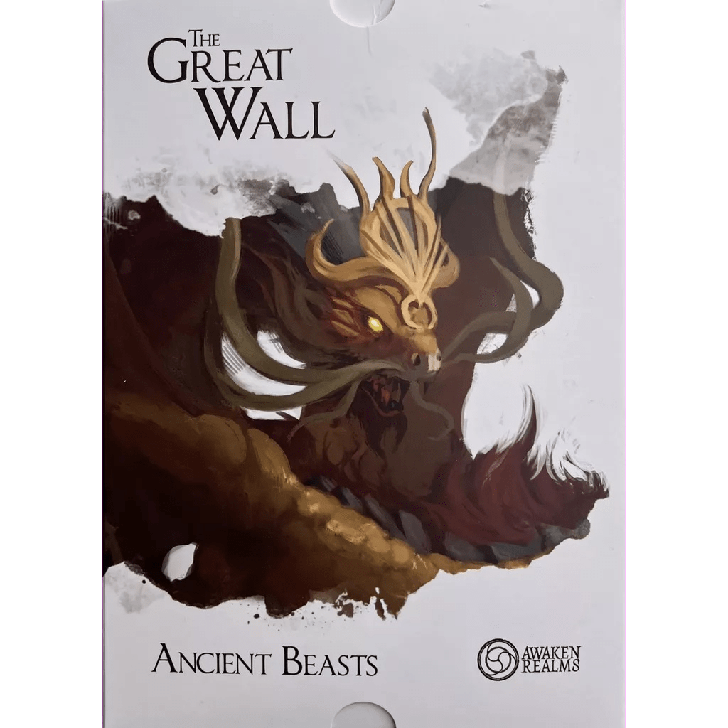 Box cover for The Great Wall: Ancient Beasts Expansion by Awaken Realms, showcasing a mythical creature with glowing eyes and a golden, crown-like crest—ideal for fans of strategic games and mythical beast miniatures.