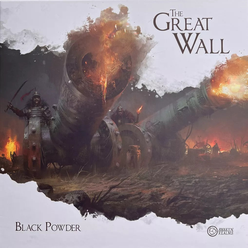 The cover of The Great Wall: Black Powder Expansion depicts two armored soldiers near huge siege engines firing through flames and smoke, with the title and Awaken Realms logo displayed at the top and bottom.