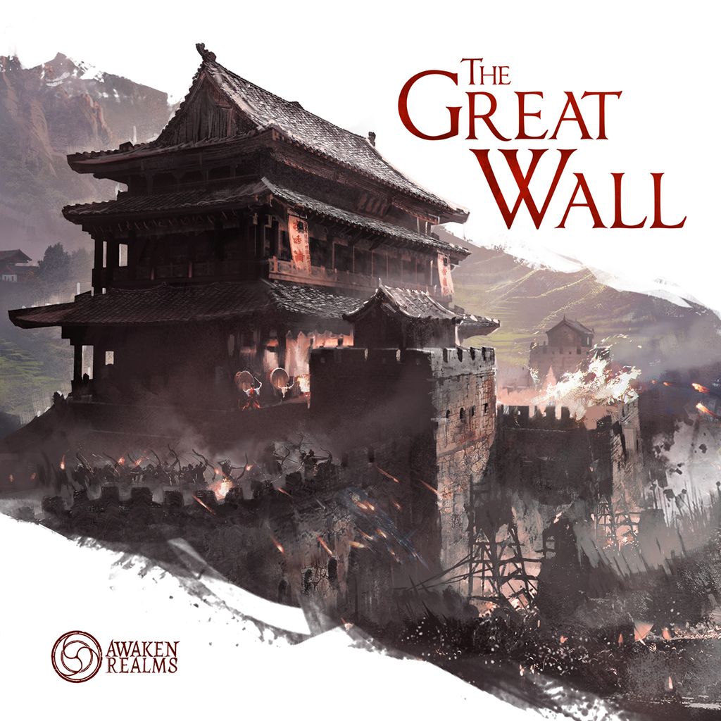 A fortress rises atop a stone wall with soldiers and banners, encircled by mountains. "The Great Wall (Miniature Edition)" appears on screen, alongside the Awaken Realms logo for this epic asymmetric board game.