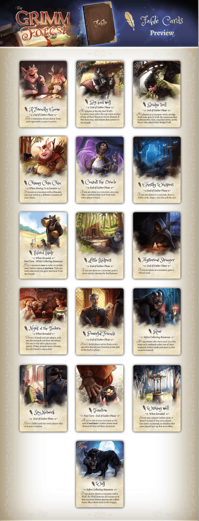 Preview sheet displays 18 Fable Cards from The Grimm Forest by Lucky Duck Games. Each card features unique art, a title, and description, all presented with storybook-themed ornate borders and a decorative title at the top.