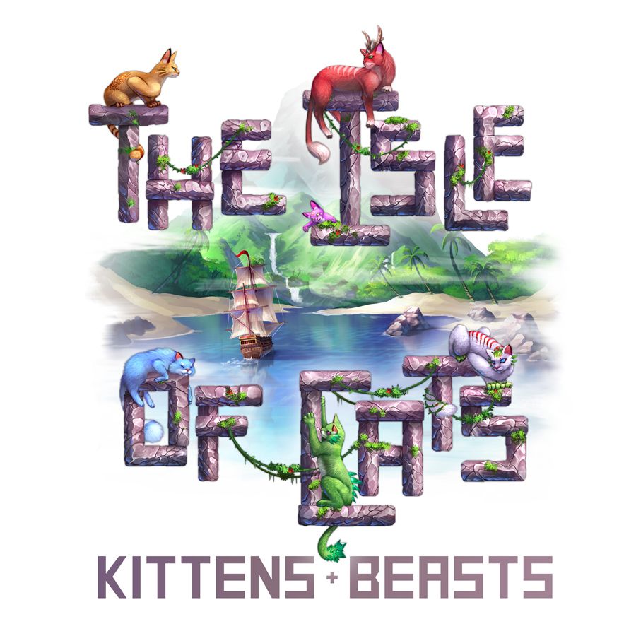 The City of Games’ The Isle of Cats: Kittens + Beasts Expansion features stylized stone text with vines and fantasy cats, a ship, and an island in the background. Text below reads “Kittens + Beasts—a board game expansion for Isle of Cats.”.