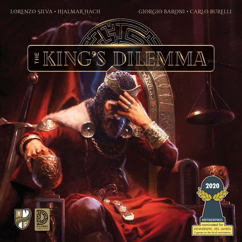 A weary king sits on a grand throne, head bowed in thought, wearing a fur-lined cloak and crown. Above him is The King's Dilemma by Horrible Guild, an interactive narrative board game shown with award badges and designer names.