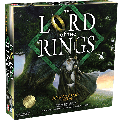 The Lord of the Rings: Anniversary Edition by Fantasy Flight Games features a box cover with Gandalf under a large tree, the title above him, and a golden ring forming the "O" in "Lord.