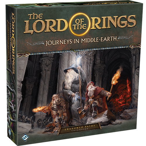 Box cover for Fantasy Flight Games' The Lord of the Rings: Journeys in Middle-earth – Shadowed Paths Expansion, showing Gandalf, Legolas, and Gimli entering a dark stone arch with weapons and torches.