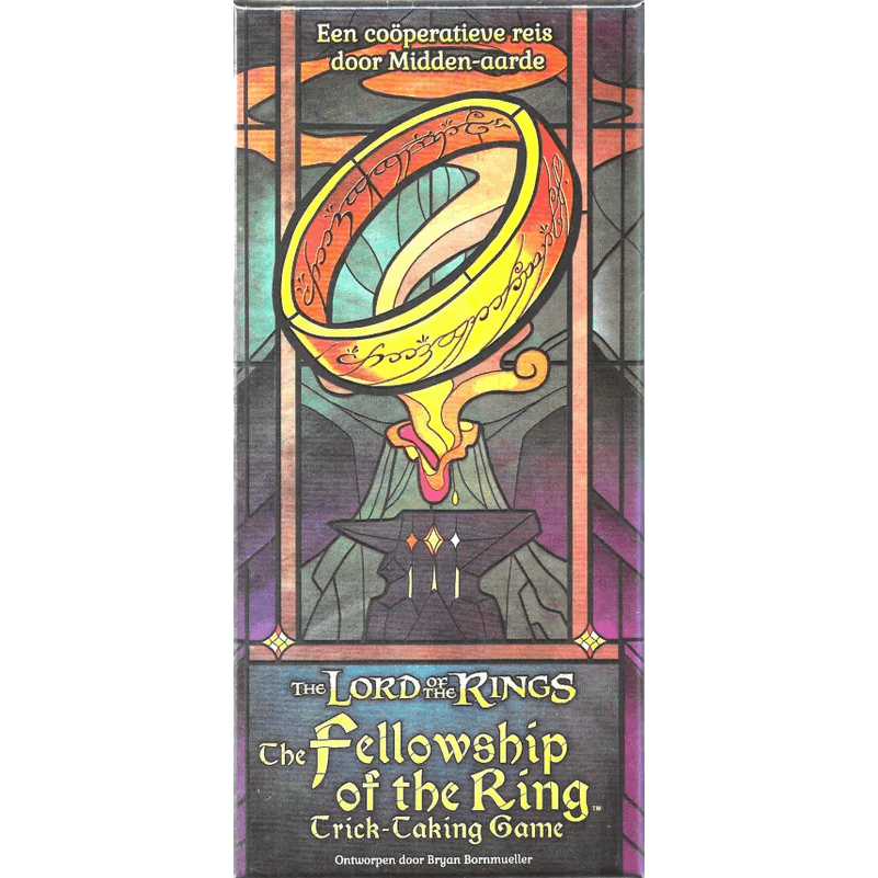 A game box cover shows the One Ring with glowing Elvish script above a pedestal. Play The Lord of the Rings: The Fellowship of the Ring – Trick-Taking Game (Nederlandse editie) by Office Dog, a cooperative experience in Dutch and English.