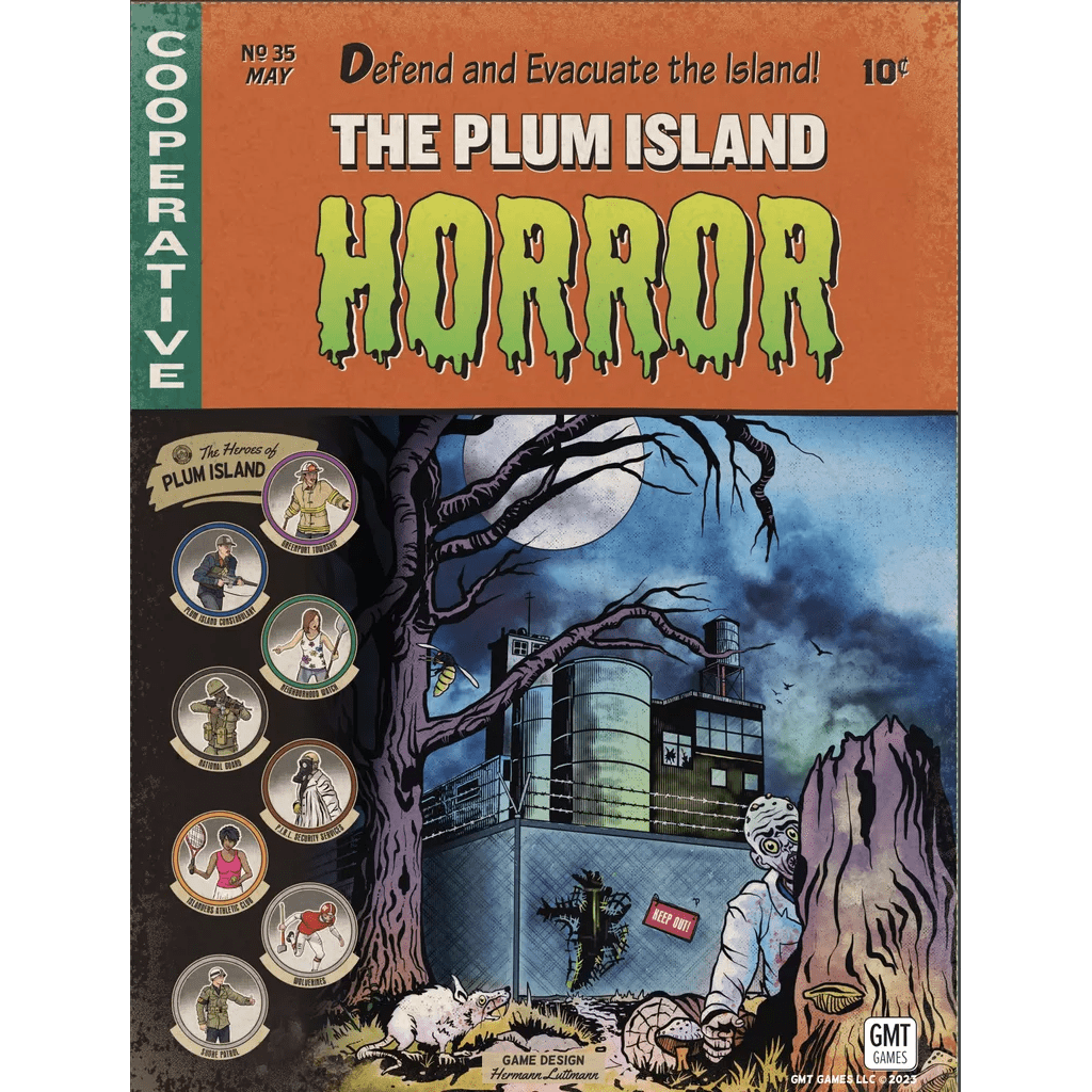 Board game cover for The Plum Island Horror by GMT Games shows a zombie and eerie tree near a fenced facility at night, with circular character portraits along the left edge under the bold, green, dripping title.