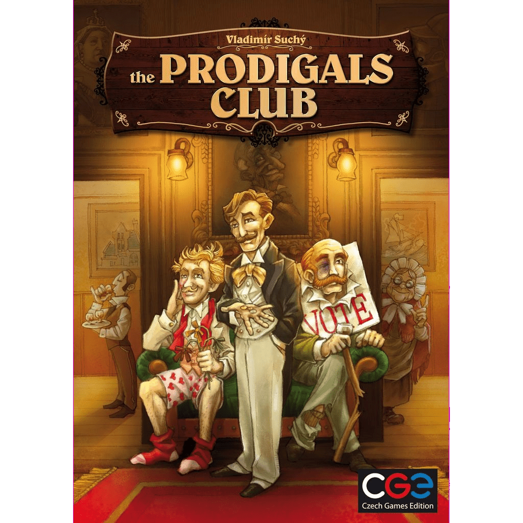 Three animated men in Victorian attire from The Prodigals Club by Czech Games Edition (CGE) sit on a couch: one scruffy with cards, another elegantly dressed, and a third holding a "VOTE" sign. A warmly lit setting with framed art hints at the classic boa