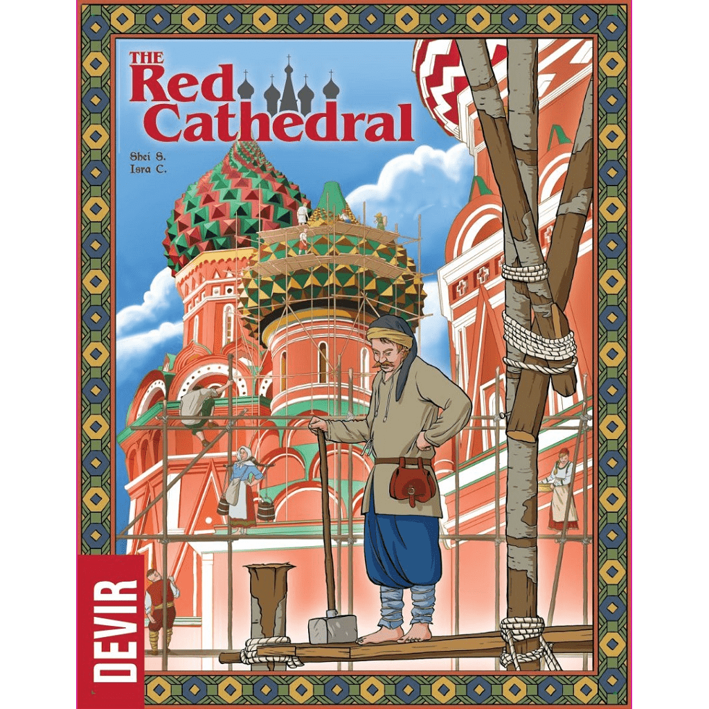 Box cover of The Red Cathedral board game by Devir, showing a construction worker on scaffolding before Saint Basil's Cathedral with its colorful domes and detailed architecture.