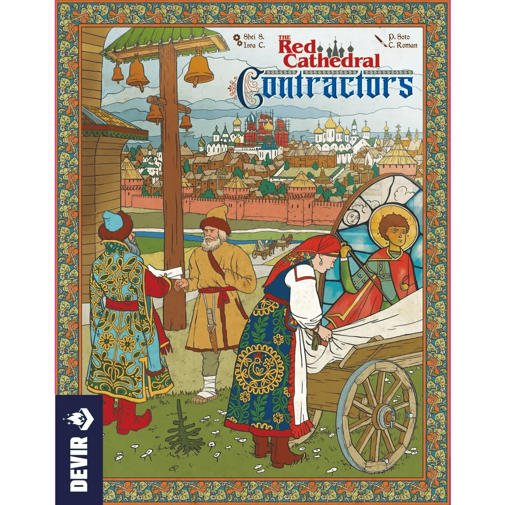 Illustrated cover of The Red Cathedral: Contractors Expansion by Devir shows people in vibrant medieval Russian dress trading goods near St. Basil’s Cathedral with a cart, city domes, and ornate patterned border.