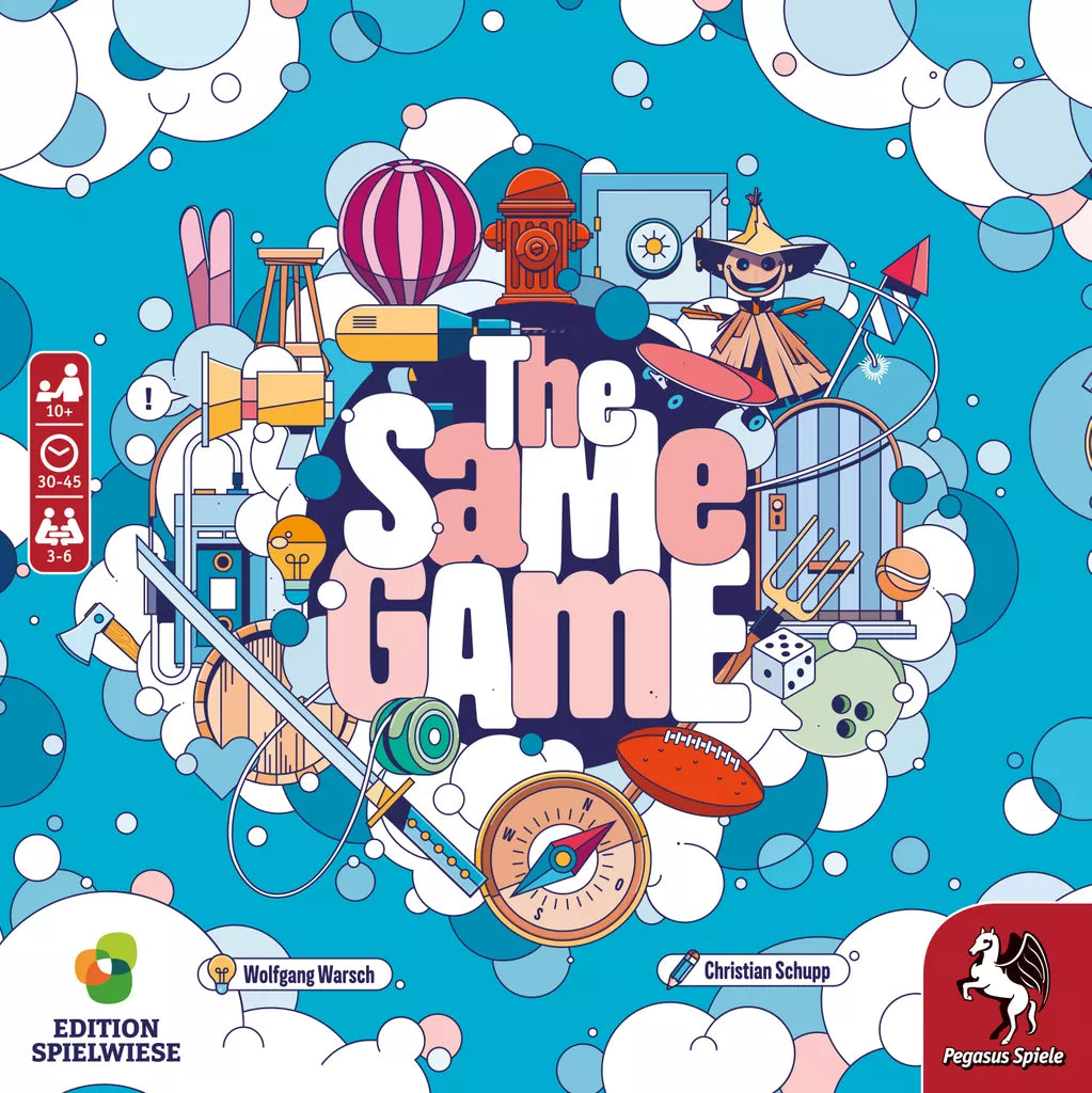 A vibrant board game cover with playful illustrations surrounds the bold title The Same Game by Pegasus Spiele, featuring a submarine, football, dice, bicycle, and air balloon on a bubbly blue background. Game details and logos line the edges.