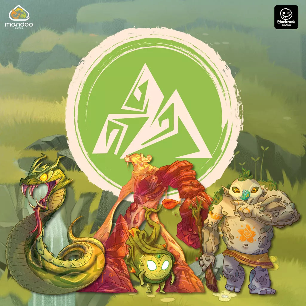 Four vibrant fantasy creatures—a snake, leafy spirit, frog, and rock golem—stand before a green symbol with white markings in this enchanting scene from The Vale of Eternity board game by Mandoo Games.