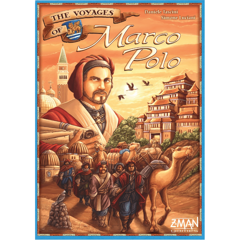 Z-Man Games’ The Voyages of Marco Polo board game cover shows illustrated Marco Polo before exotic buildings, traders and camels, with an orange sky and the title at the top.