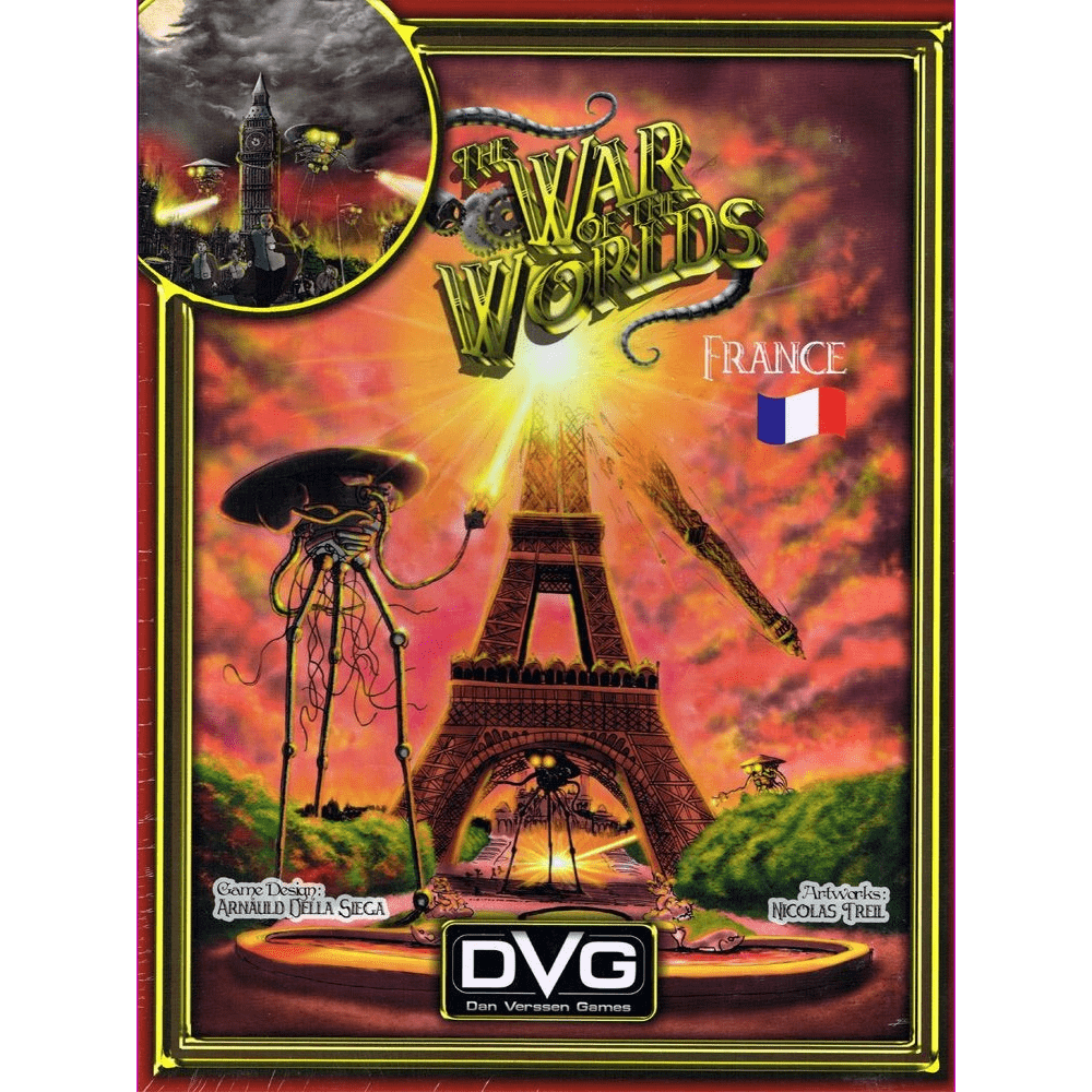 The cover of The War of the Worlds: France by Dan Verssen Games (DVG) shows Martian Tripods attacking the Eiffel Tower under the French flag, with Big Ben and stormy London in a top-left inset.
