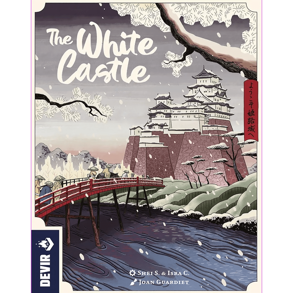 The White Castle by Devir features a board game cover with snowy Himeji Castle on a hill, people crossing a red bridge over a river, and pine branches framing the scene.