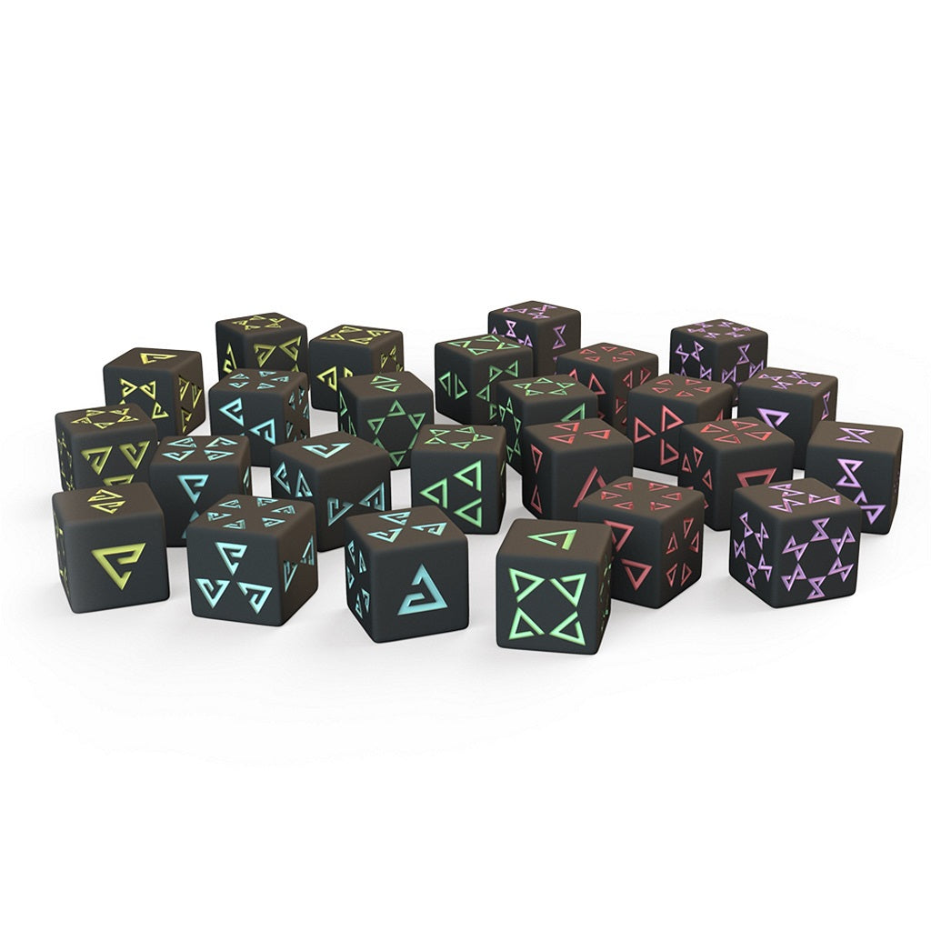 The Witcher: Old World Additional Dice Set by CD Projekt RED features black six-sided dice with vibrant geometric shapes in green, blue, yellow, red, and purple—ideal for dice poker or expanding your Witcher collection.