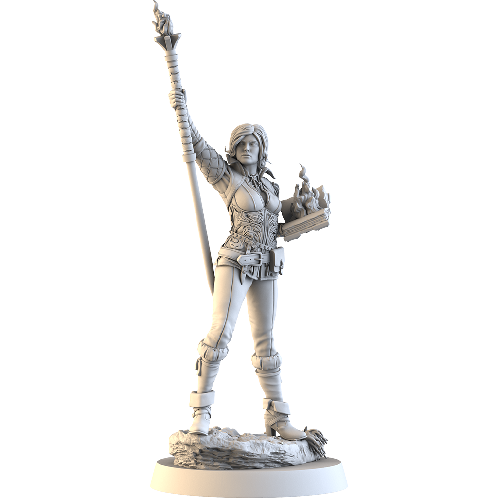 This detailed 3D-printed miniature from Go On Board’s The Witcher: Path of Destiny Triss & A Grain of Truth Expansion depicts a fantasy mage in ornate armor, casting fiery magic with her staff, standing atop a rocky base.