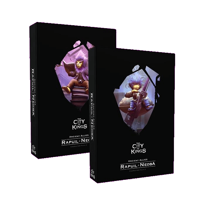 Two black boxes of The City of Kings Character Pack 2 Rapuil and Neoba by The City of Games are shown, featuring fantasy art and adding advanced skills and new adventures to your City of Kings or Tinkers expansion gameplay.