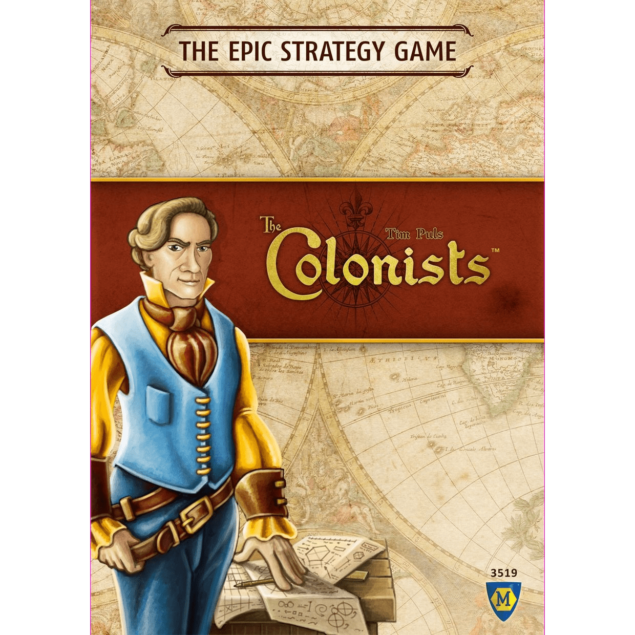 Cover of The Colonists by Mayfair Games, shows an illustrated man in historical attire with a map against a vintage map backdrop—a must-see for fans of village building and strategy board games.