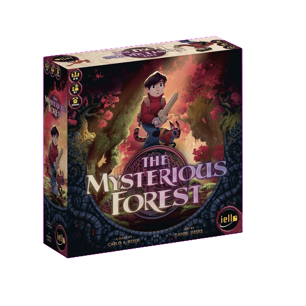The Mysterious Forest by Iello is a cooperative memory game for ages 6+, 2-4 players, based on The Wormworld Saga and featuring art by Daniel Lieske. The box shows a young boy with a stick in a magical, colorful forest.