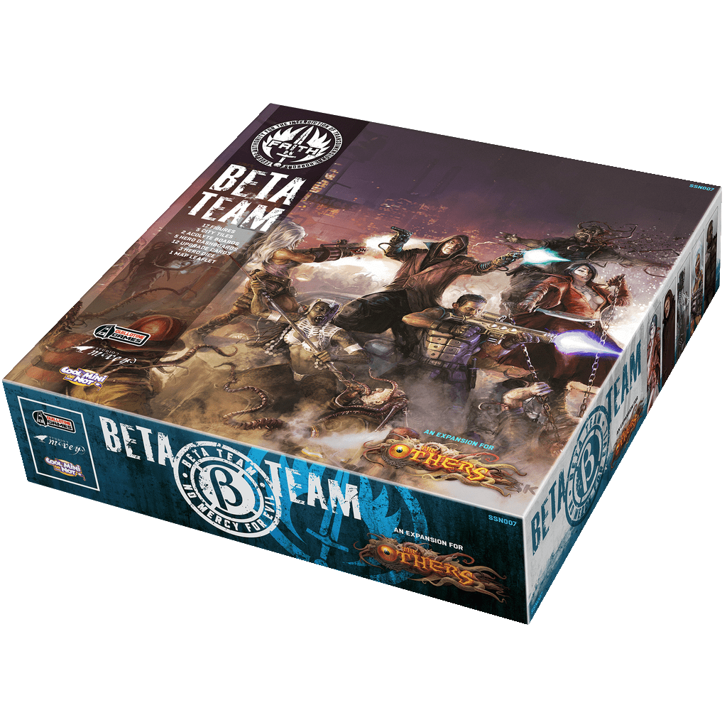 The Others: 7 Sins Beta Team Expansion by Cool Mini Or Not comes in a blue and brown box with bold white text, featuring dynamic art of armed heroes fighting monsters in a chaotic city scene.