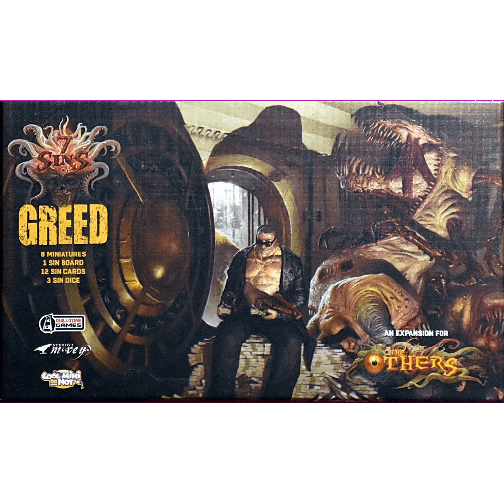 Box art for The Others: 7 Sins – Greed Expansion by Cool Mini Or Not shows a man with sunglasses and gun before a vault door, next to a monstrous creature. Game details and brand logo are visible.