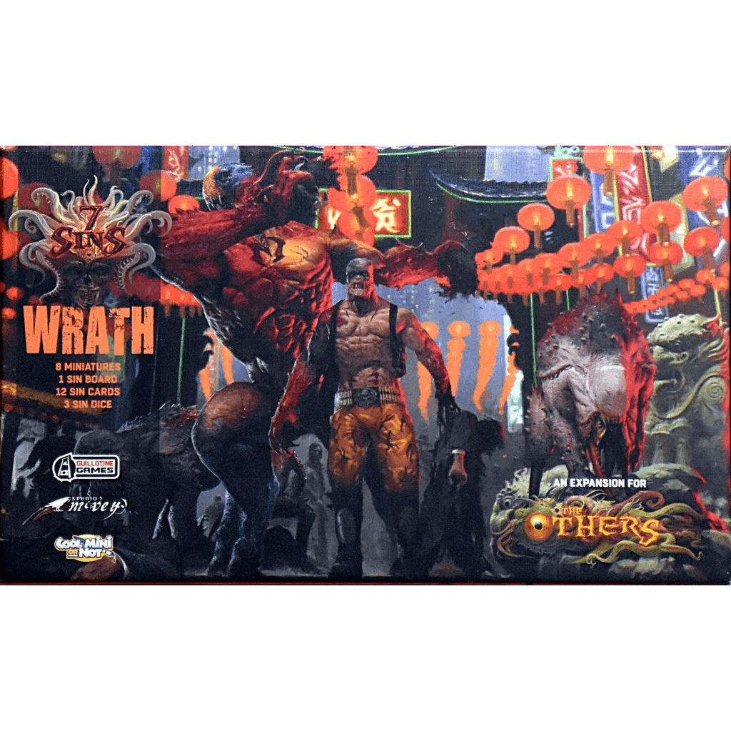 The Others: 7 Sins – Wrath Expansion by Cool Mini Or Not features monstrous red creatures and a hero in a neon-lit city on the box. Includes new miniatures, boards, cards, and dice to expand your horror board game.